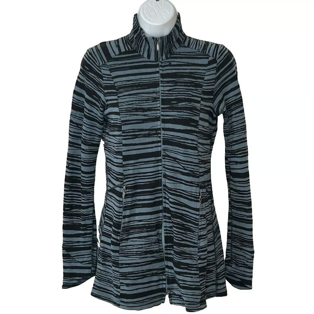 Ibex Women's Juliet Zip Up 100% Merino Wool Black and Teal Stripe Tunic Sweater